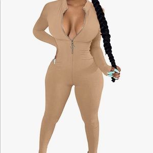 Women's Sexy Casual Long Sleeve V Neck Zipper One Piece Bodycon Jumpsuit